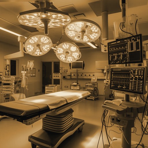 Advanced operating room with surgical lights and monitoring equipment