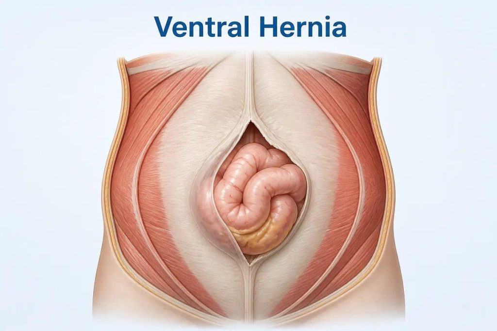 Illustration of a ventral abdominal wall hernia