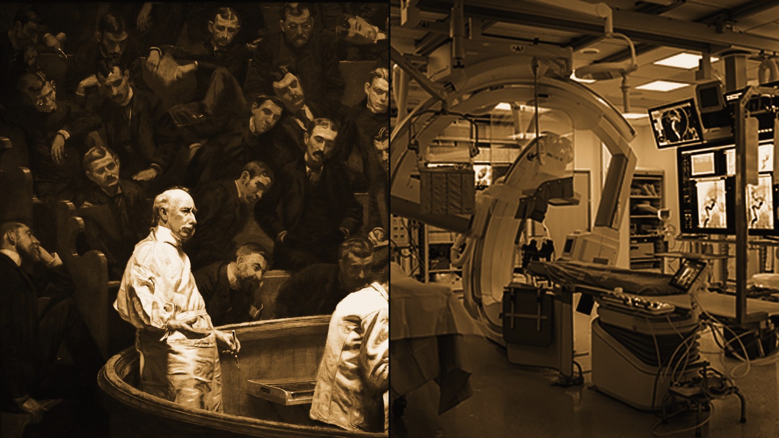 Split image contrasting a nineteenth-century surgical operating theater with a modern high-technology operating room